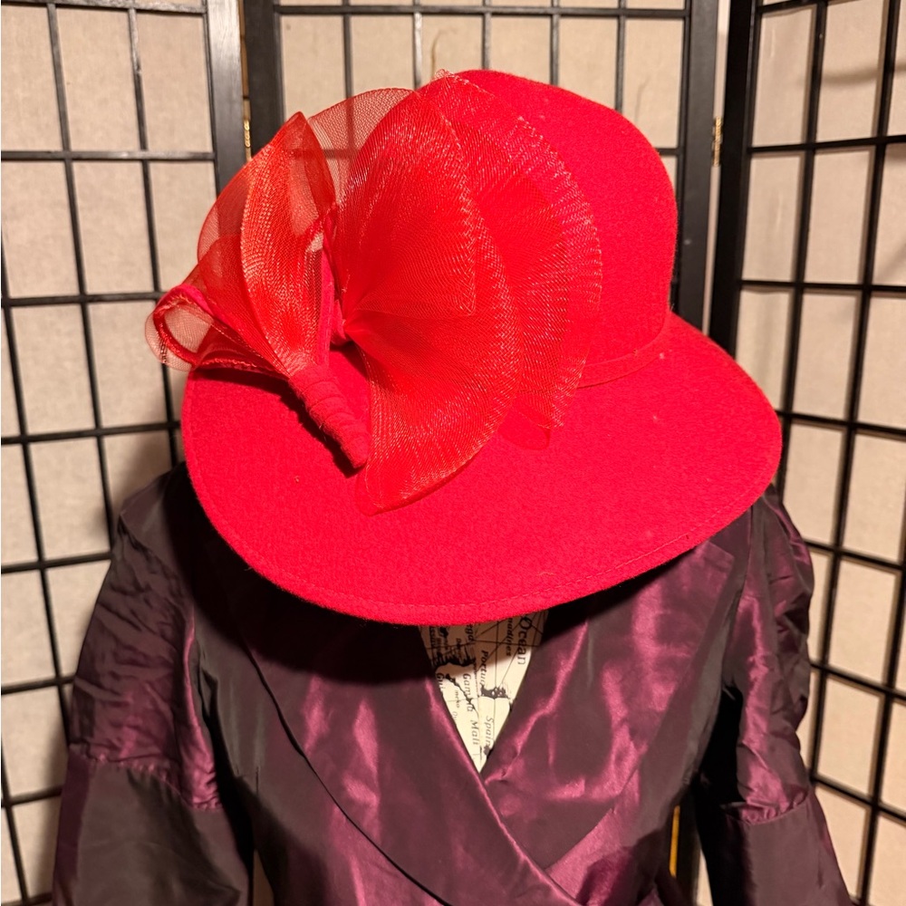Georgi Vintage wool cloche twisted ribbon Mesh Bow Upturn Brim asymmetric 20s